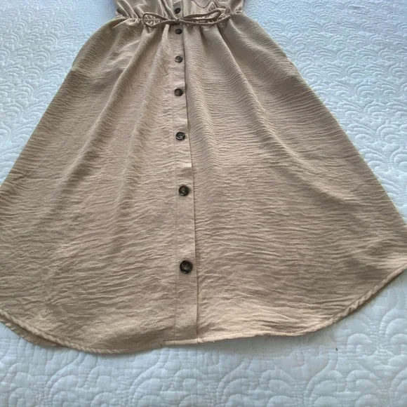 Monteau Crinkle Shirt Dress Tan Knee Length Roll Tab 3/4 Sleeves Size Small - Picture 11 of 14